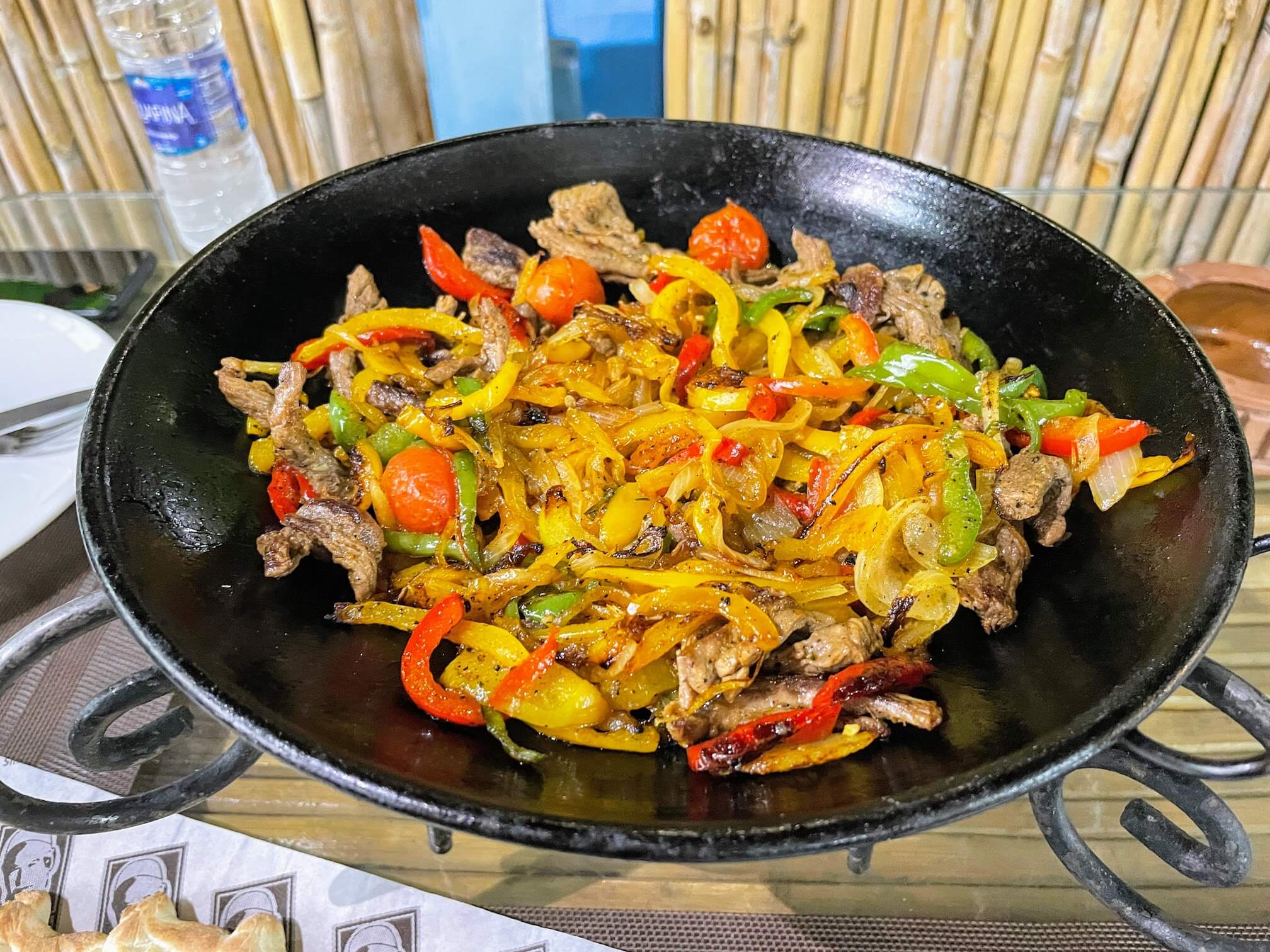 Our dinner is meat with vegetables. It was served with delicious warm flatbreads.
