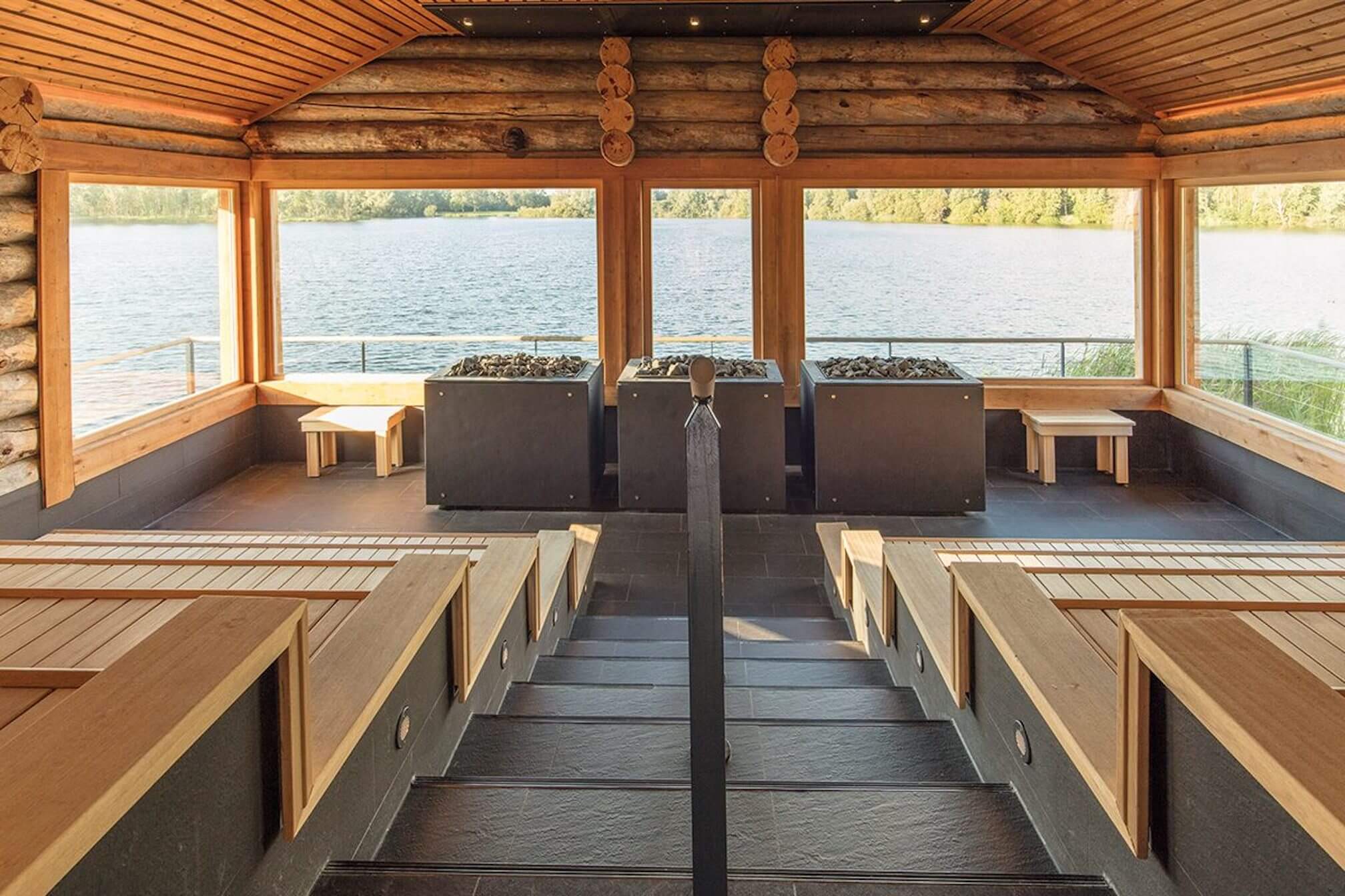 One of the saunas with panoramic windows overlooking the lake