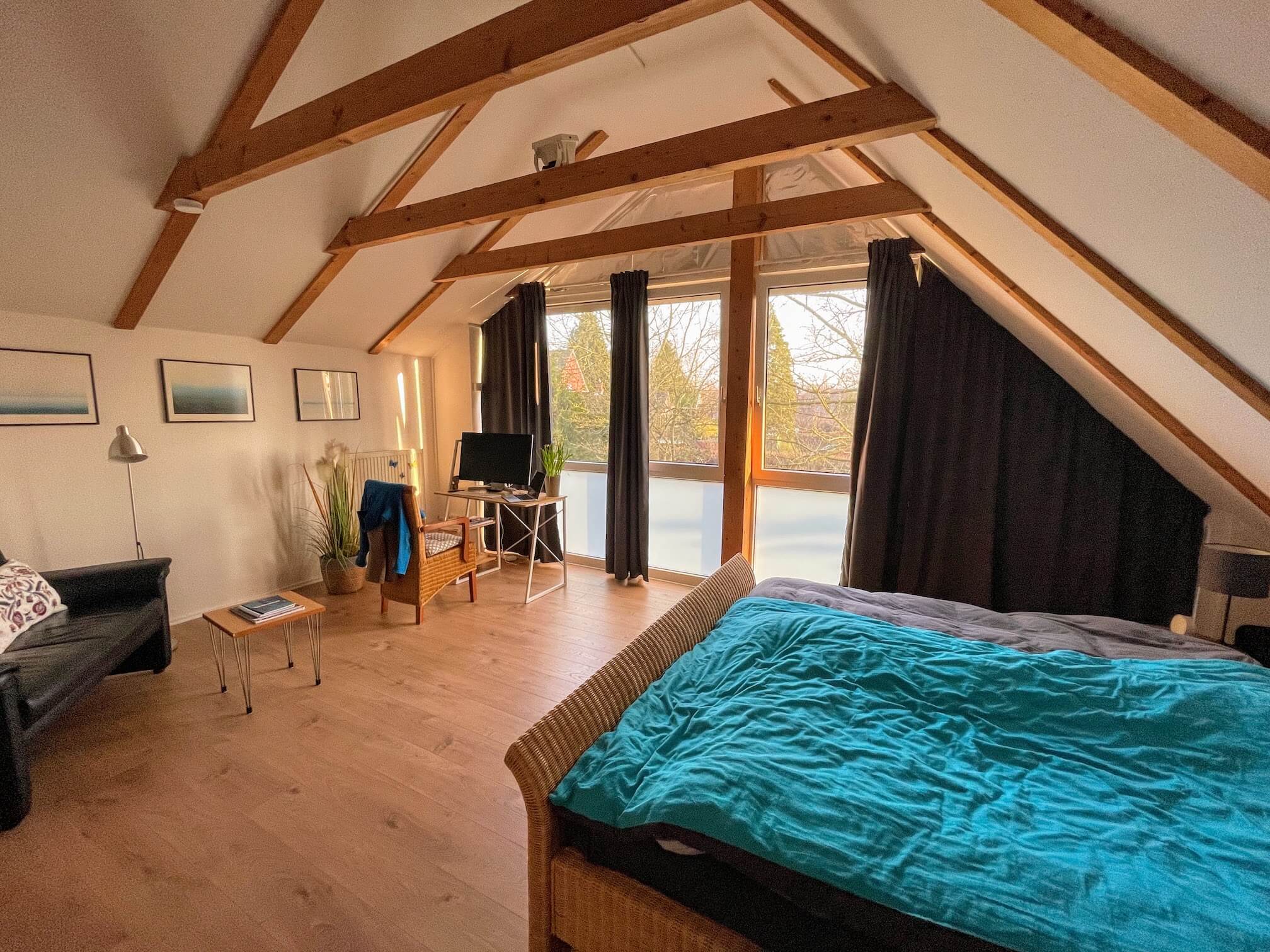 Second floor. Bedroom. And Volchy’s work nook.