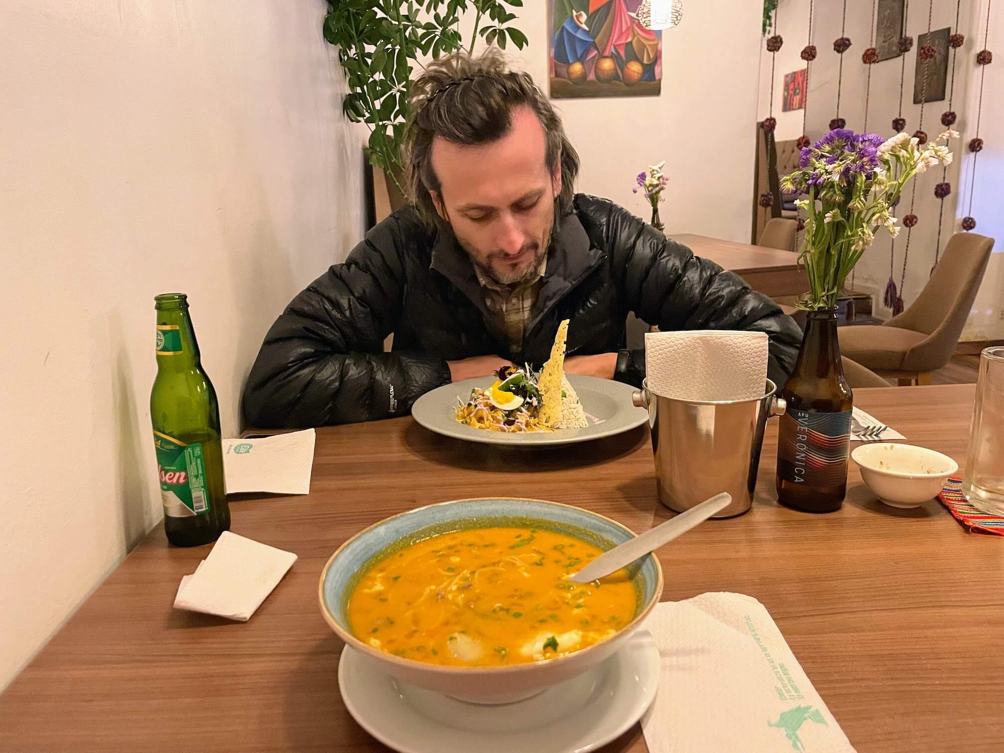 We’re having dinner. I have Creole soup. Serzhyk has chicken with rice.