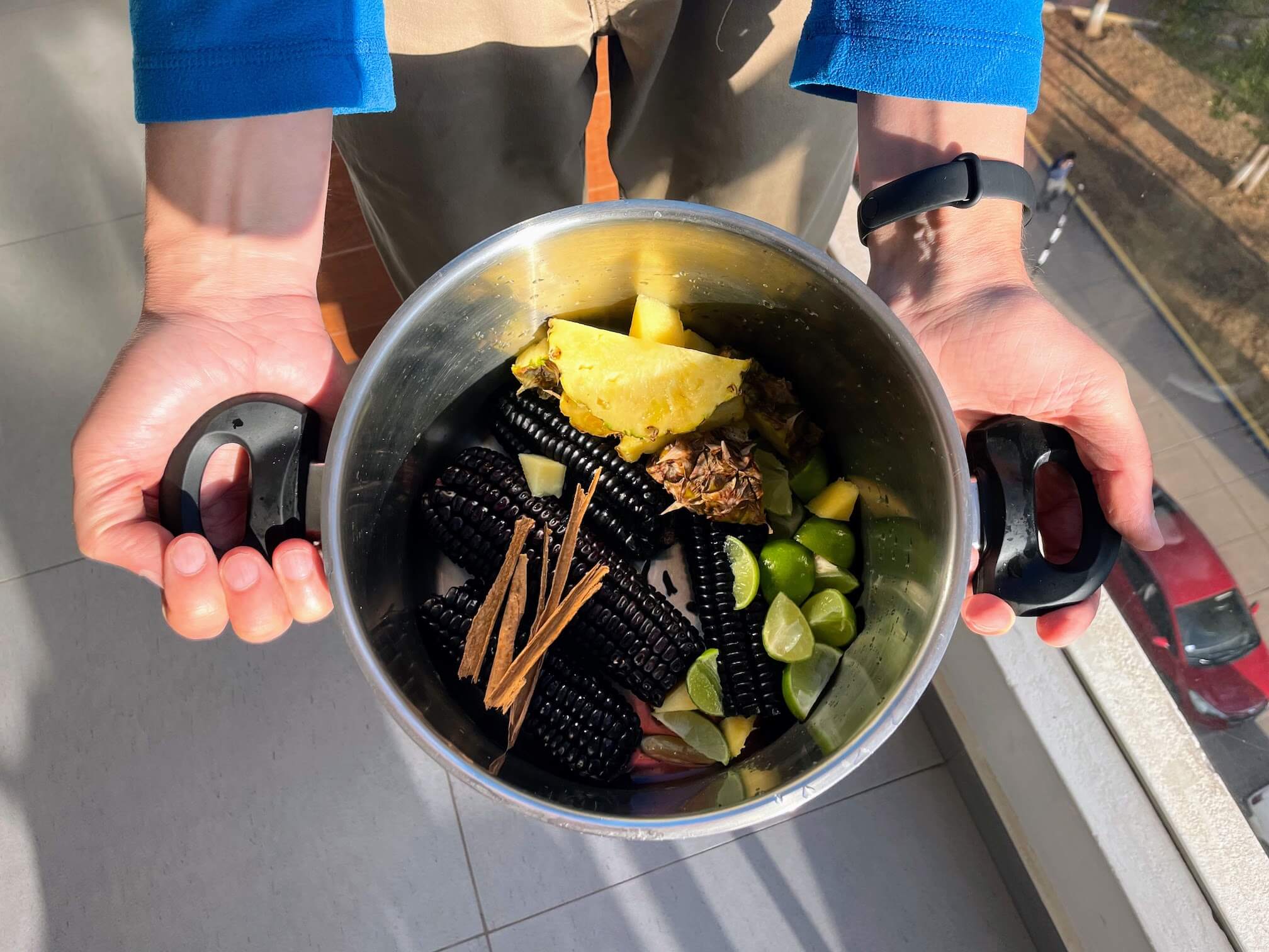 Making chicha morada. Purple corn. Pineapple. Cinnamon. Cloves. Limes. Boiled for about 2 hours. The Peruvian version of uzvar :)