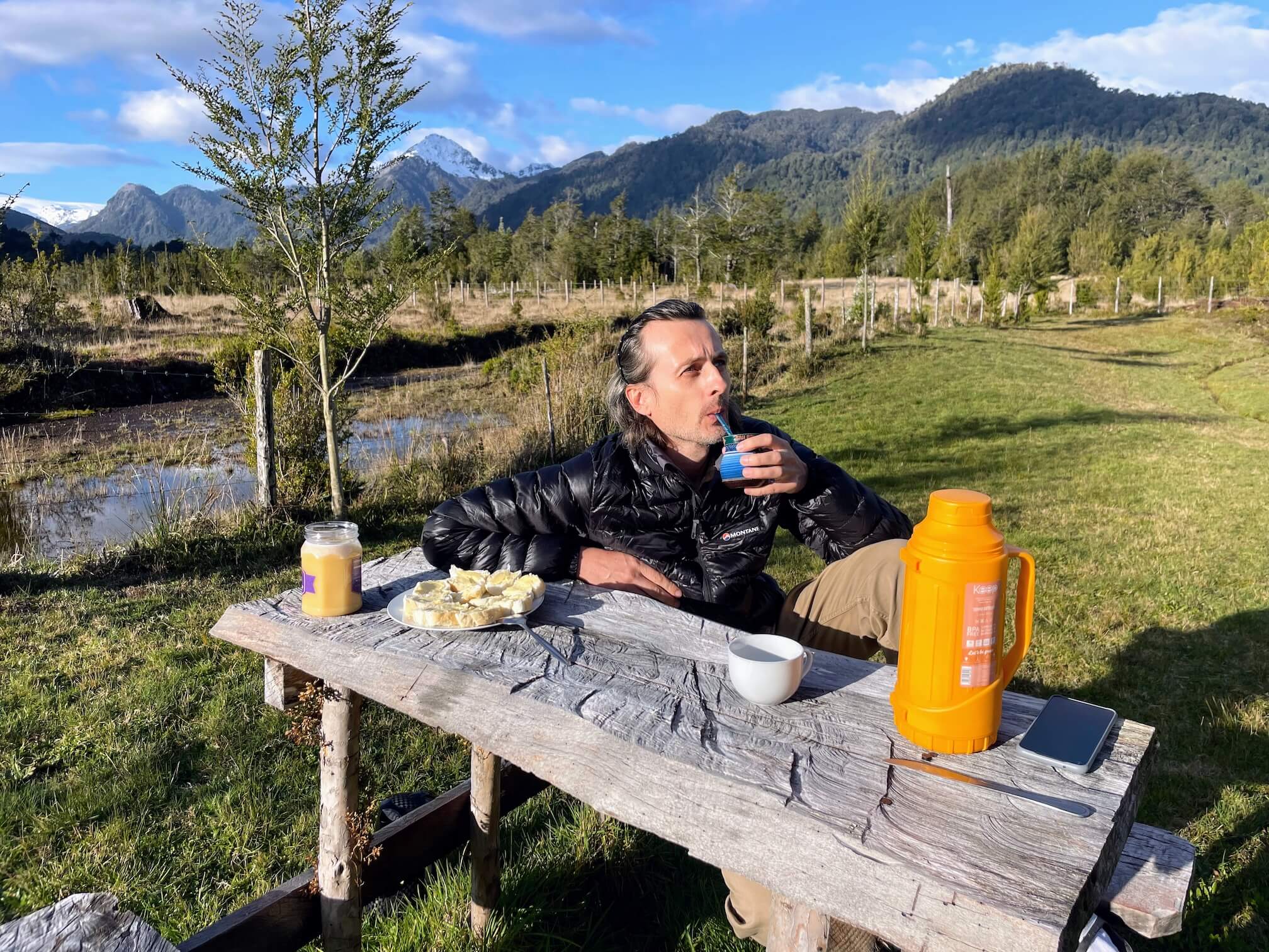 Serzhyk is drinking mate, and I’m having tea. The sandwiches are very tasty. So simple and so delicious.
