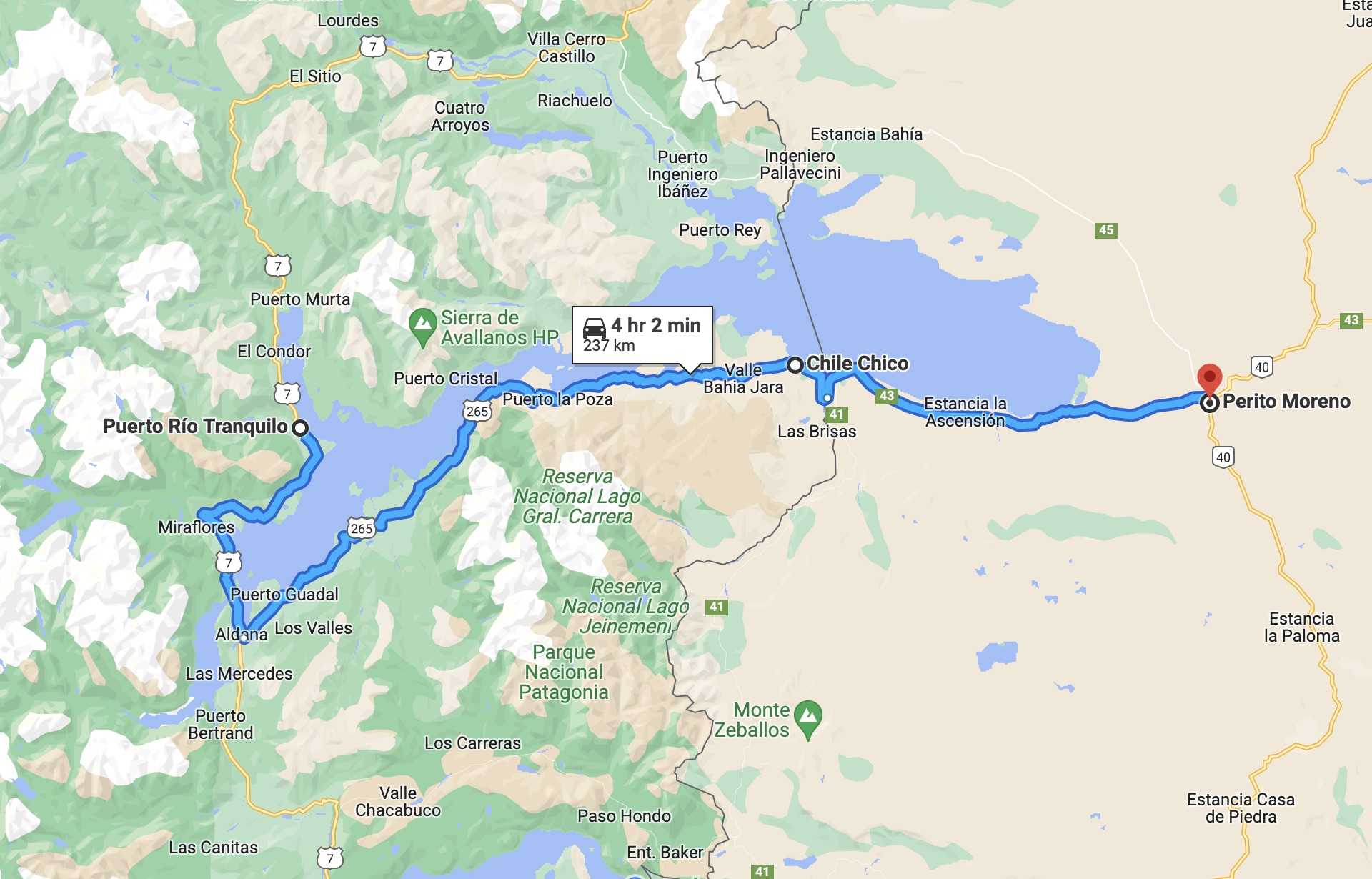 Our route for today: Puerto Rio Tranquilo (Marble Caves) → Chile Chico (border with Argentina) → Perito Moreno (overnight stay)
