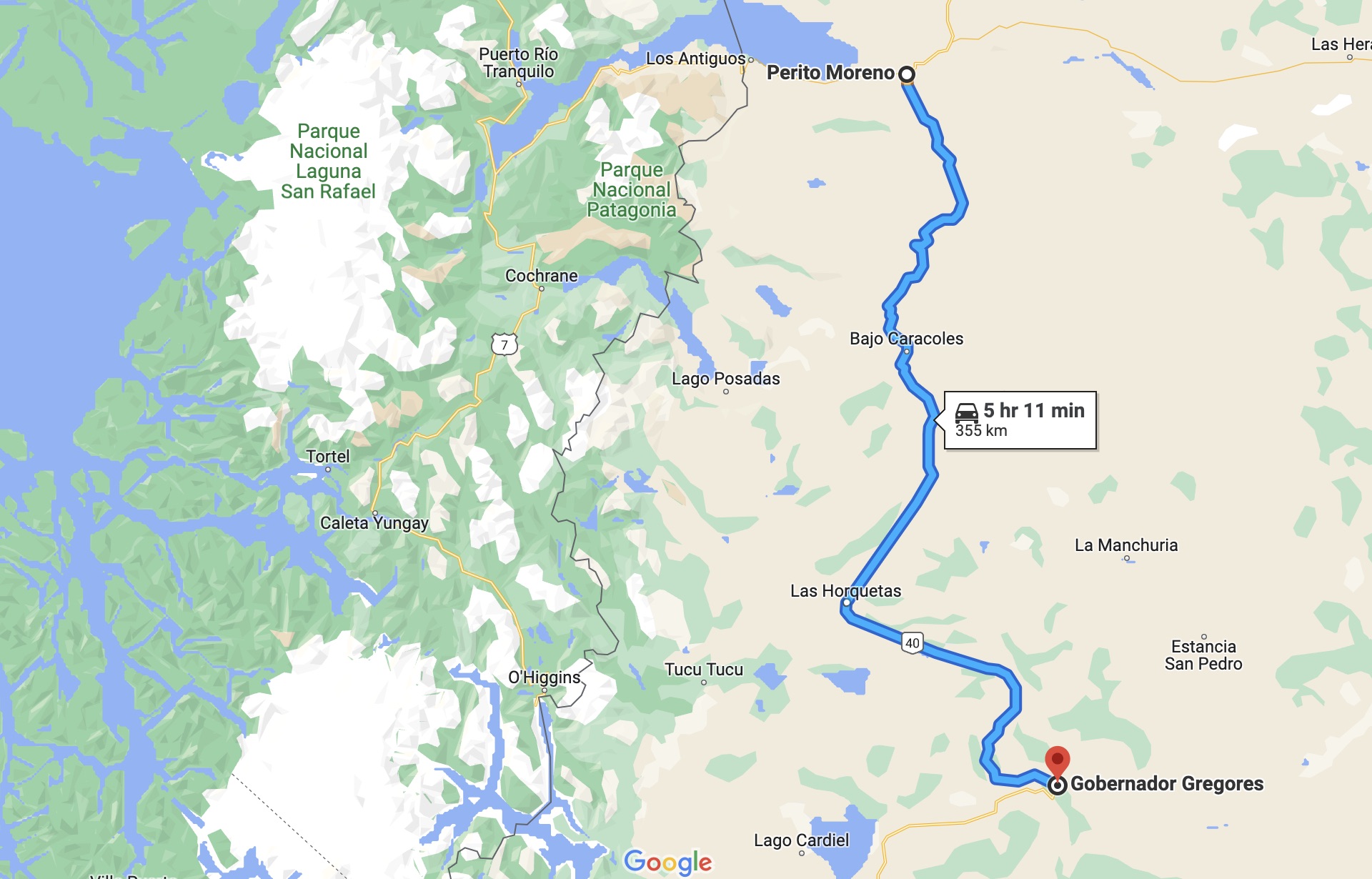 Our route for today: Perito Moreno → Gobernador Gregores. Even on the map, you can see that Chile is green (on the right), while Argentina is the color of the desert.