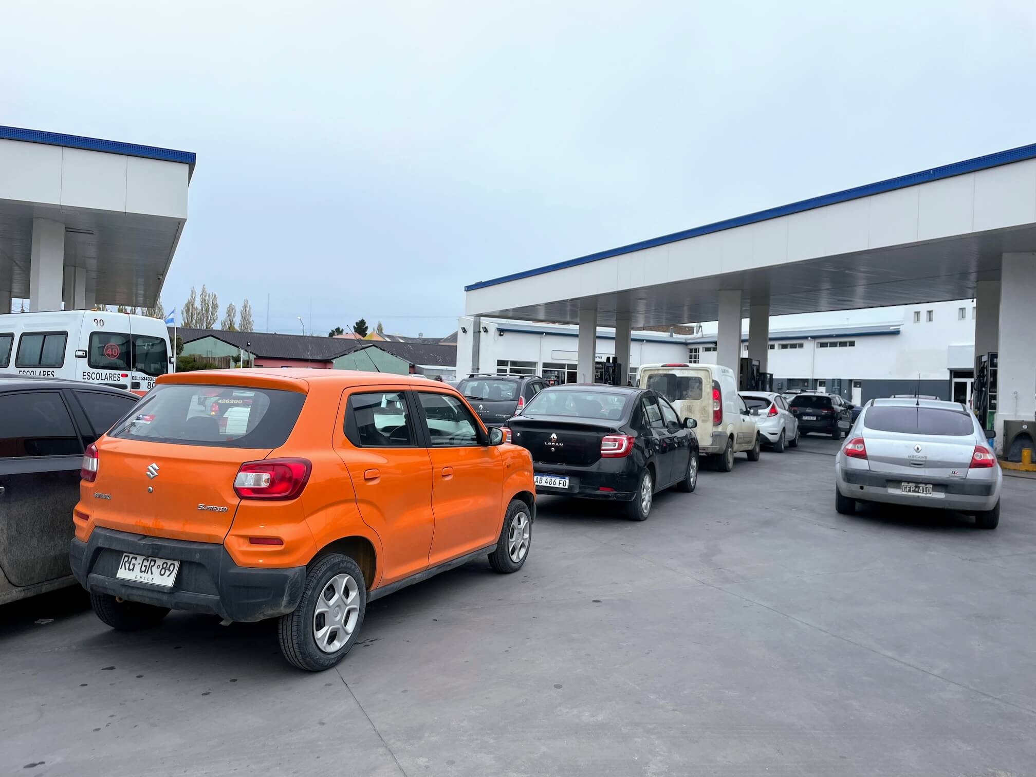 Queue at the gas station. We’re almost at our destination.