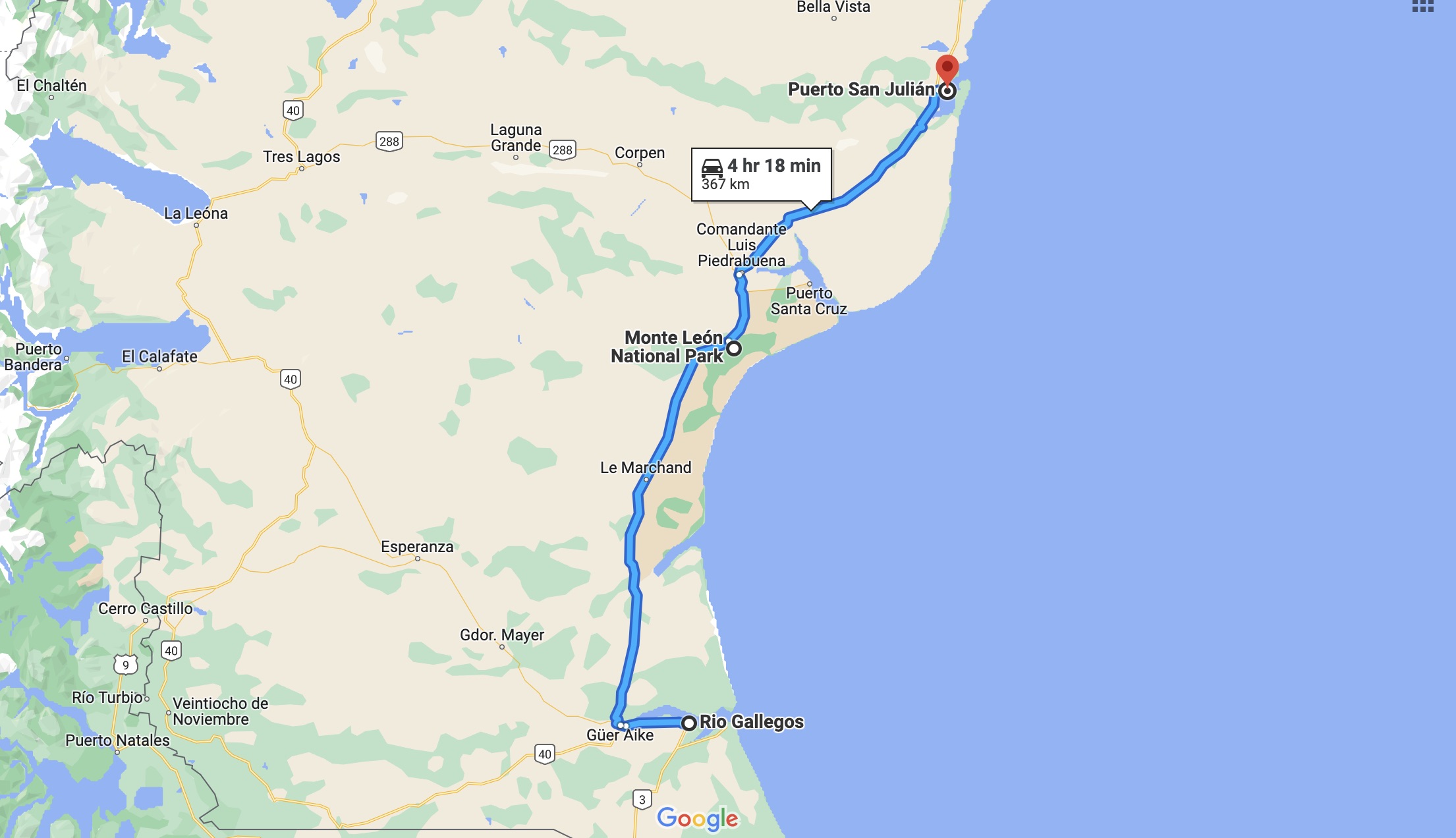 Our route for today (400 km) Rio Gallegos → Monte Leon National Park → Puerto San Julian (overnight)