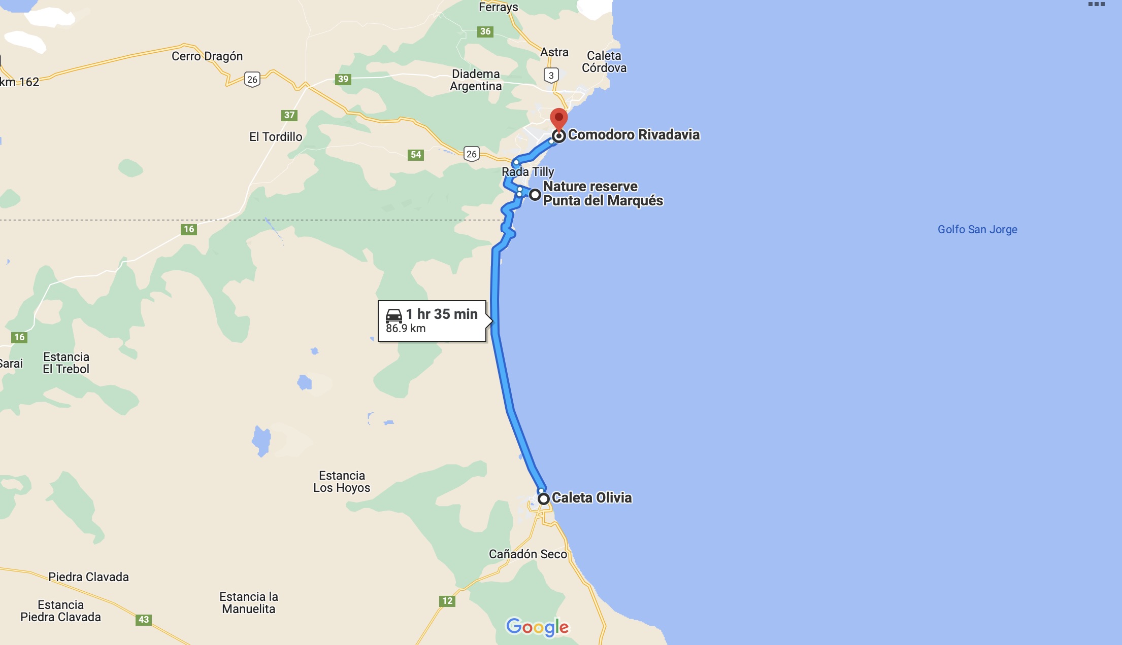 Our route for today: Caleta Olivia → Punta del Marques → Comodoro Rivadavia (overnight stay). We covered 86 km.