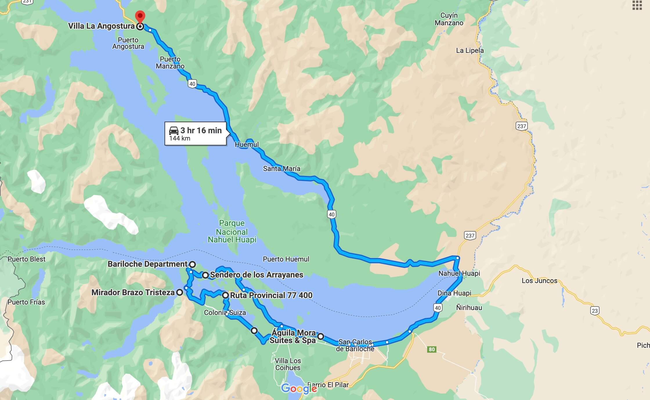 Our route for today. We traveled 144 km. We spent the night on the outskirts of the town of Villa La Angostura.