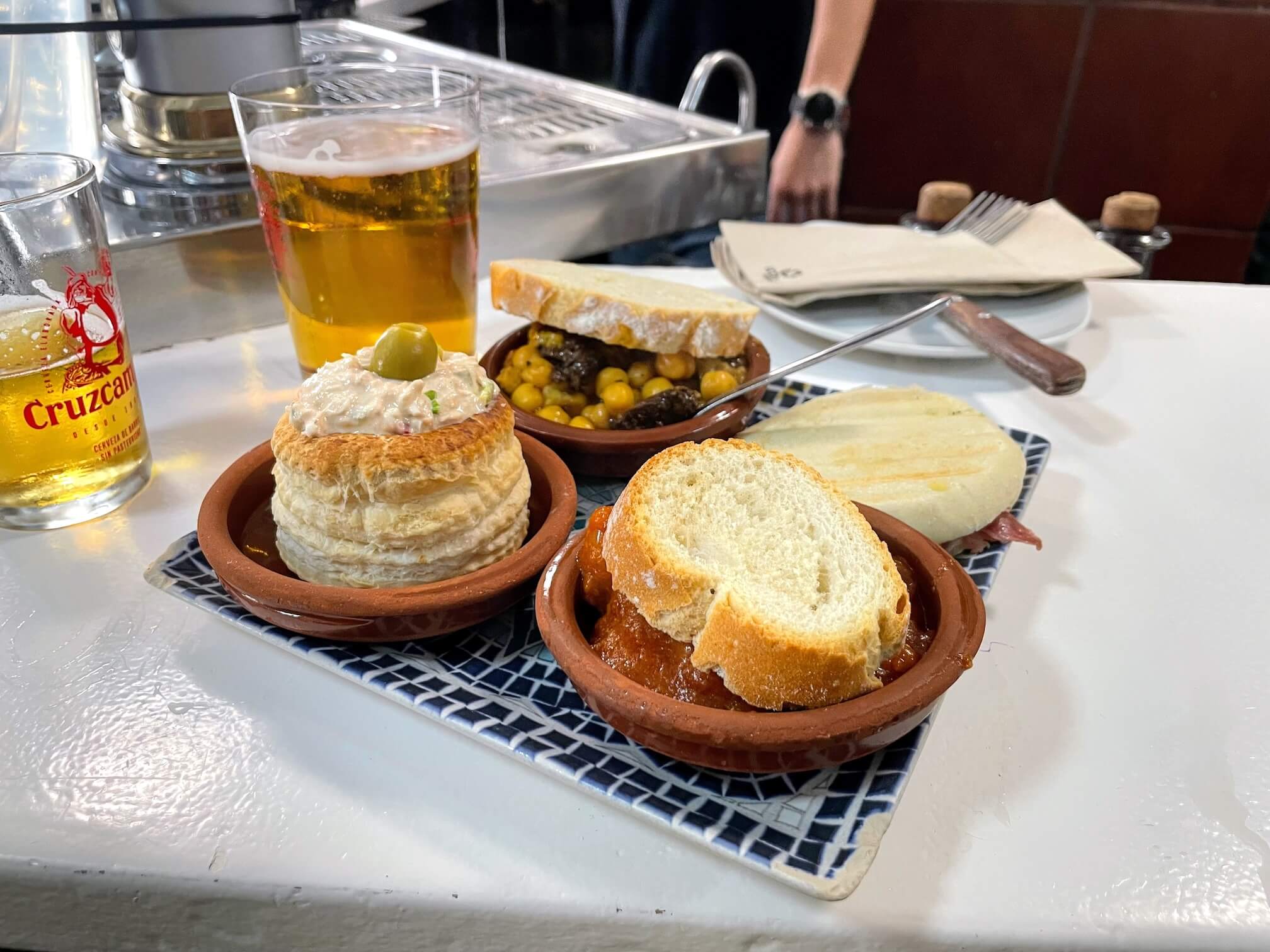 Our lunch at the tapas bar :) Interesting and delicious. But, to my taste, very salty.