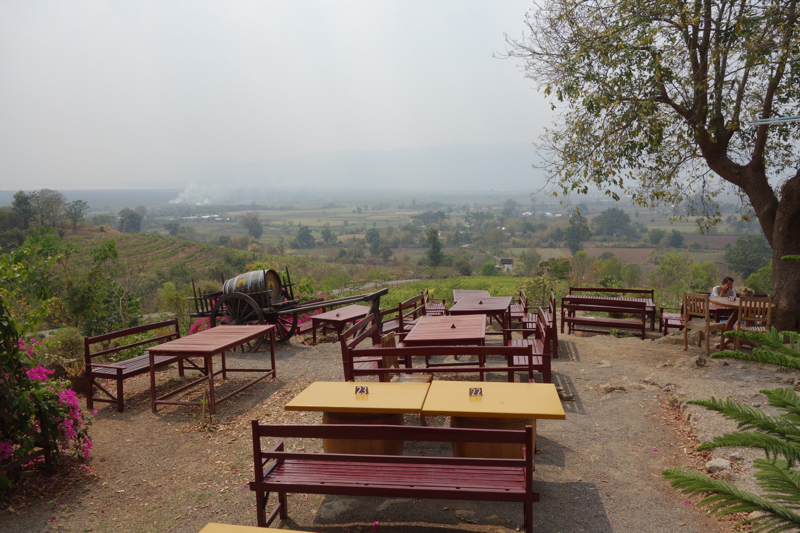Restaurant terrace, vineyards visible in the distance