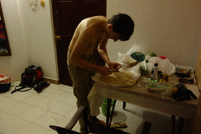 In the evening at the hotel, Volchiy makes roti pancakes with condensed milk and banana. We ate something similar in Thailand.
